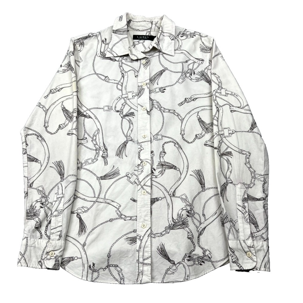 Lauren Ralph Lauren Crepe Shirt Womens Small White Belting Relaxed Fit Button Up